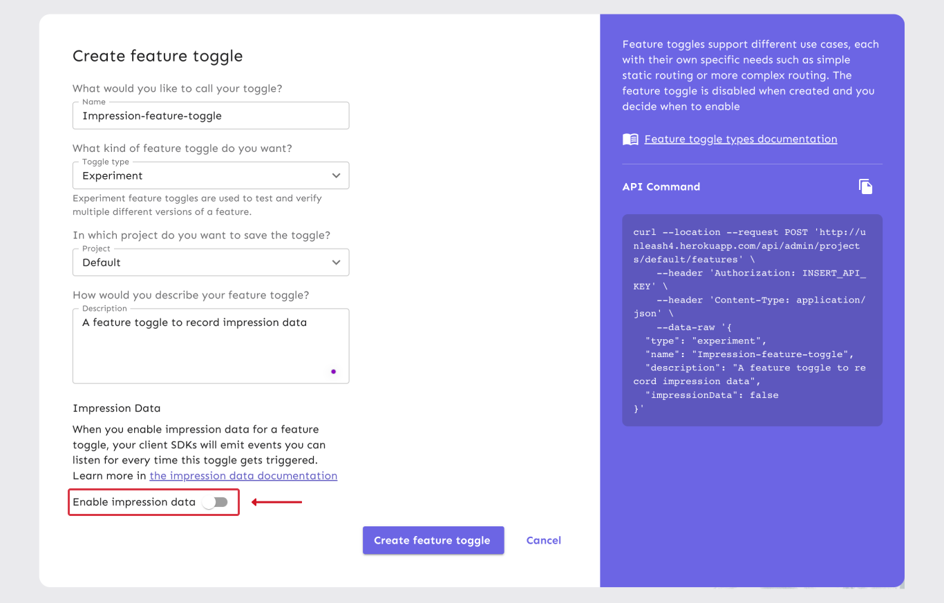 The create feature flag form. There's a flag at the end of the form that enables or disables impression data. It's labeled "impression data".