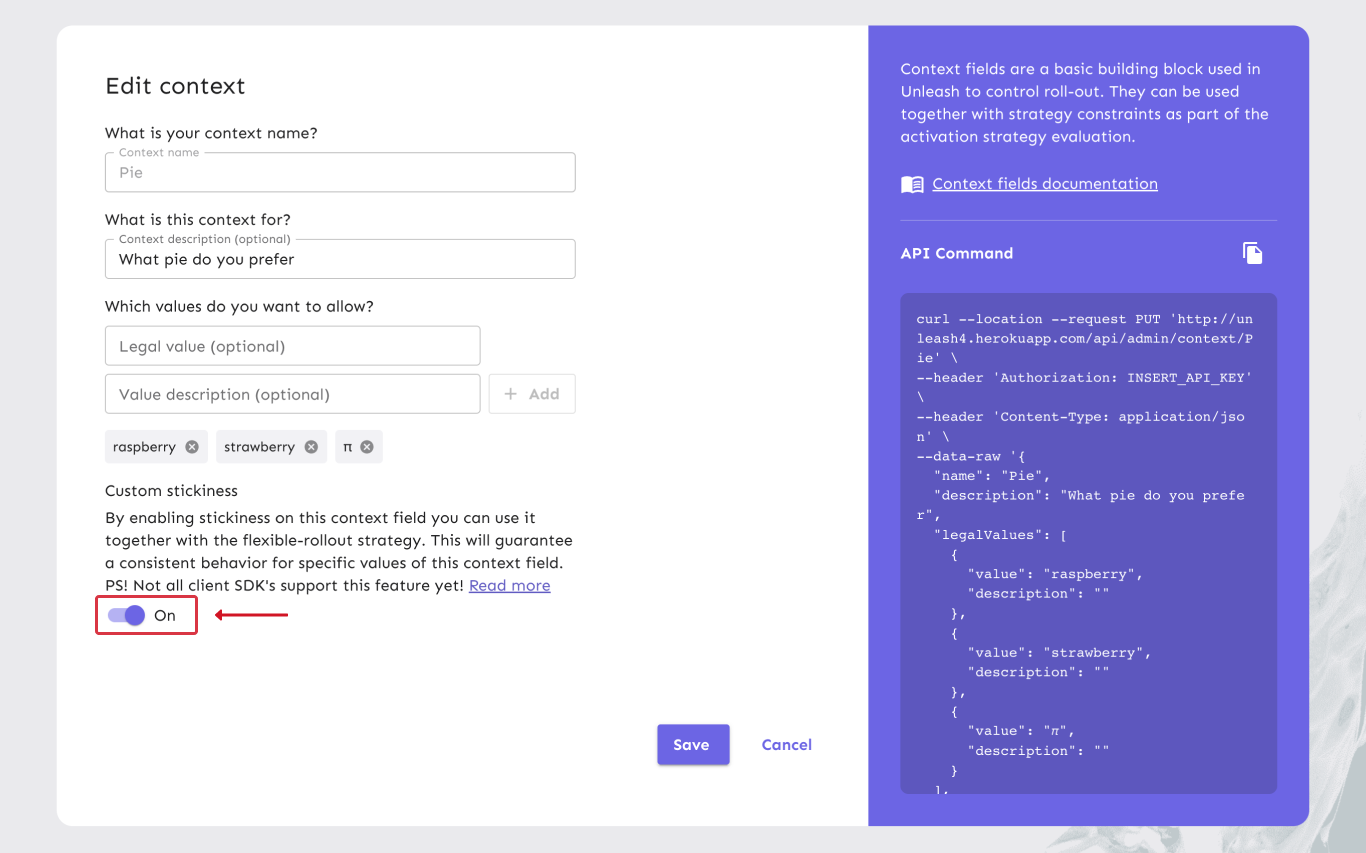 The Create Context screen in the Unleash UI. There's a flag at the bottom to control custom stickiness.