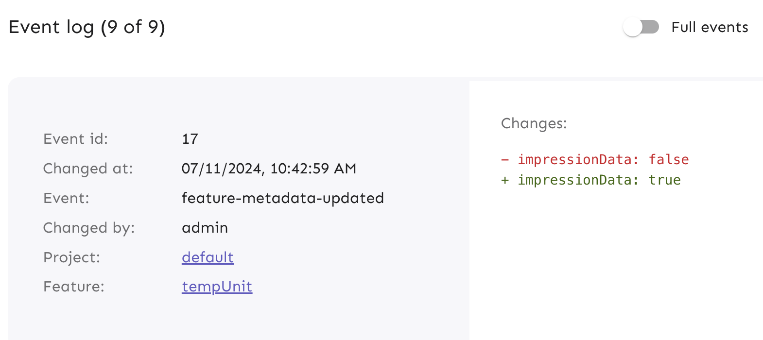 Feature flag events showing that the flag's variants have been updated.