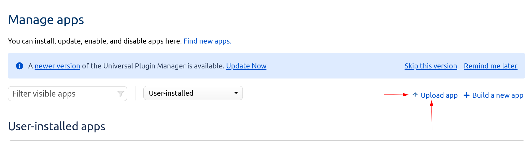 The Jira "manage apps" page. The "upload app" button is visually highlighted.