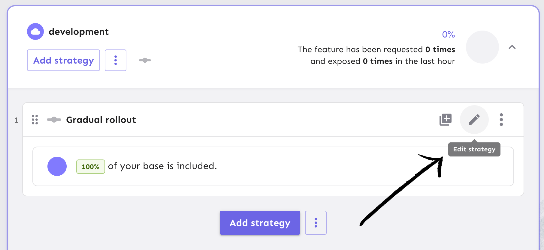 The "edit strategy" button uses a pencil icon and is located on every strategy.