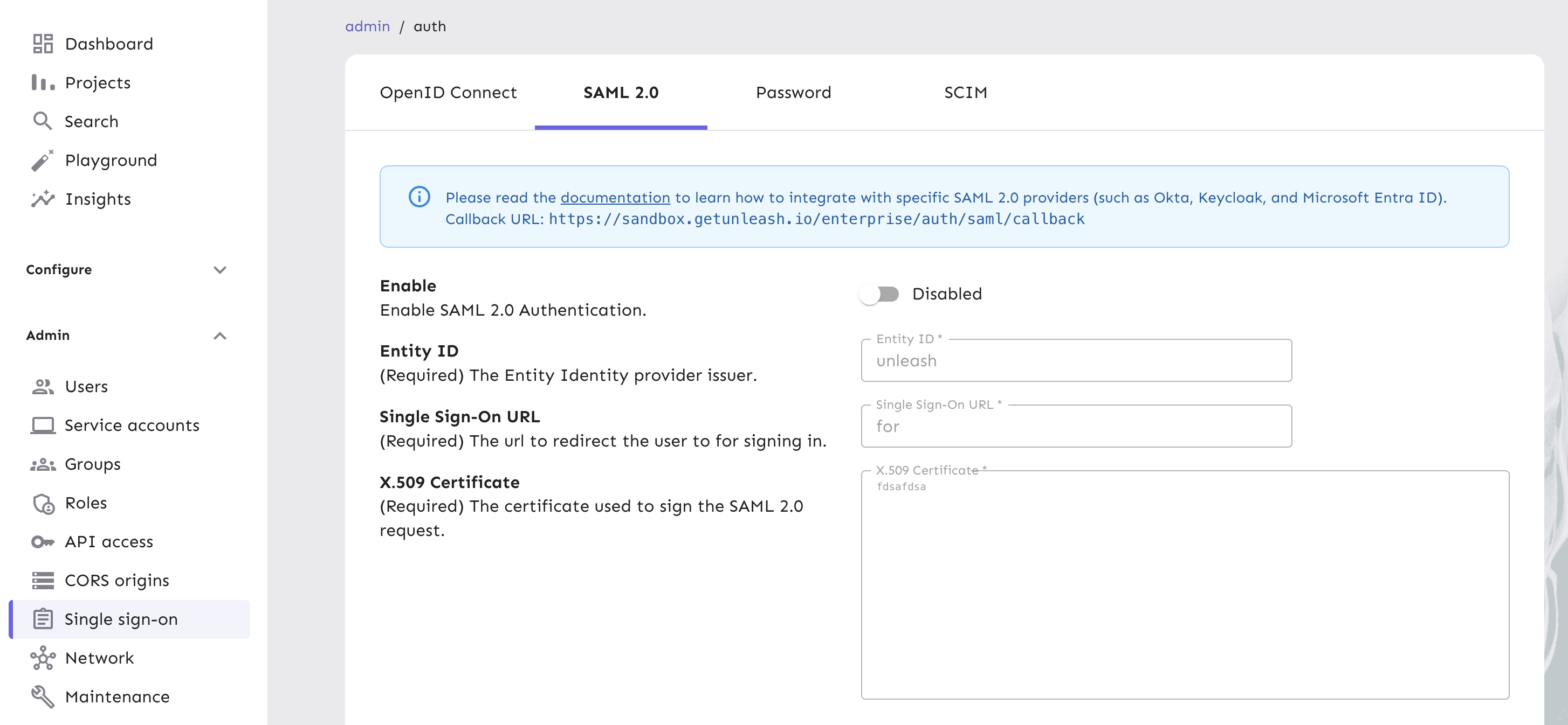 In Unleash's Single Sign-On page, there are four tabs to set up Open ID Connect, SAML 2.0, traditional passwords, and SCIM.
